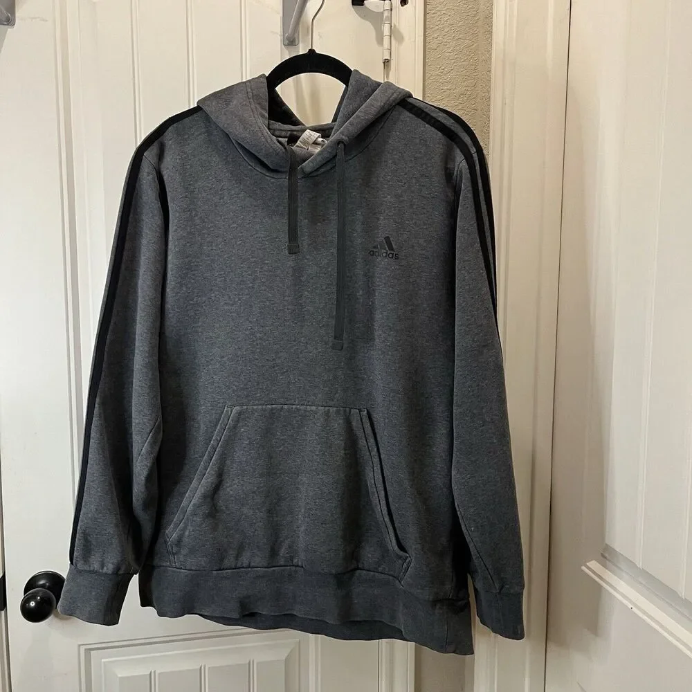 Adidas Gray Black Triple Stripe Pullover Hoodie Sweatshirt Mens Size L